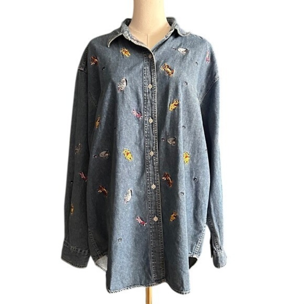 VTG 90s Disney Store Winnie the Pooh Embroidered Denim Shirt XXL